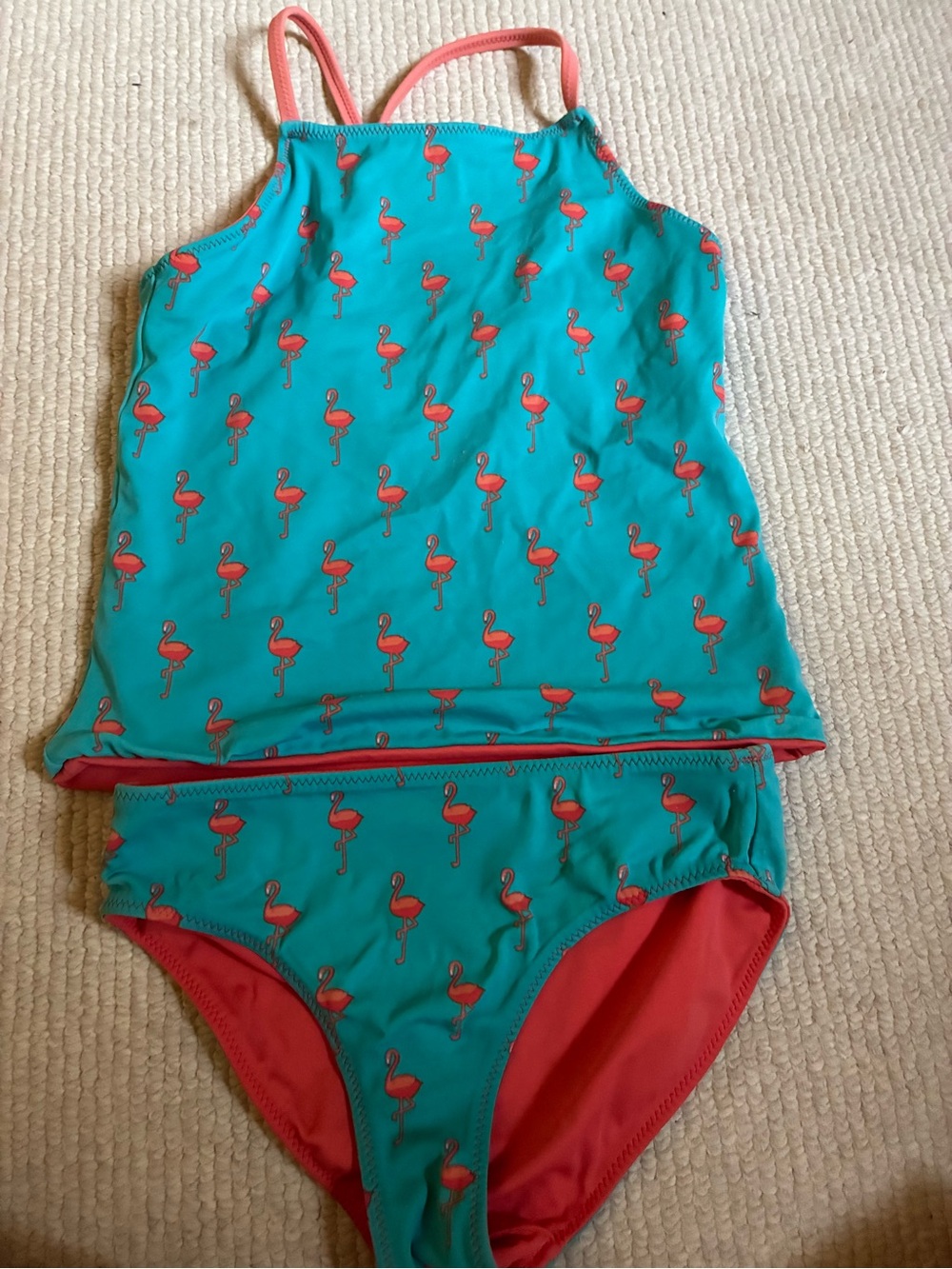 Lands' End Girls Teal & Coral Flamingo Tankini
